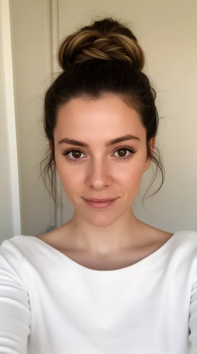 Wrapped Around Ponytail selfie of a 26-year-old woman wearing a boatneck top with a Wrapped Around Ponytail hairstyle, minimal background