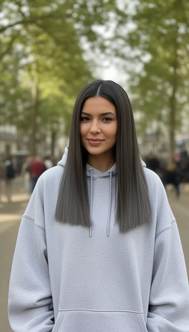 Charcoal Brunette casual photo of a 30-year-old woman wearing a light gray oversized hoodie with a charcoal brunette colored sleek straight hair, shot with an iPhone 15 Pro Max