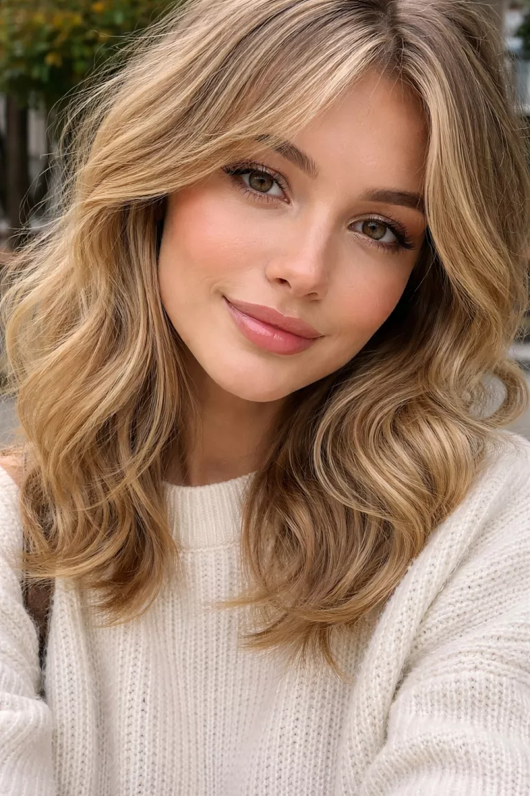 Teddy Bear Blonde close-up casual photo of a 26-year-old woman wearing a white sweater with a teddy bear blonde colored hairstyle, shot with an iPhone 15 Pro Max