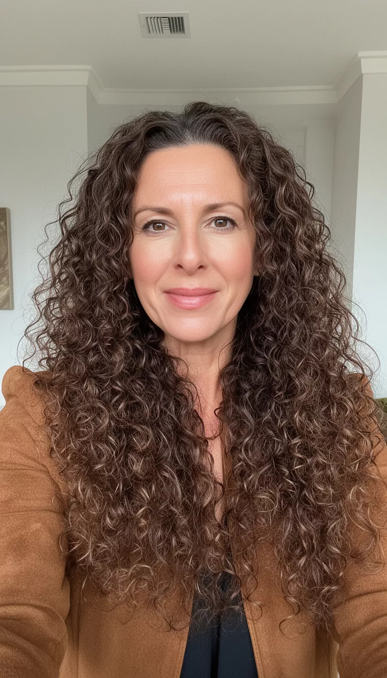 Suede Brunette selfie of a 41-year-old woman with a suede brunette colored long curly hairstyle