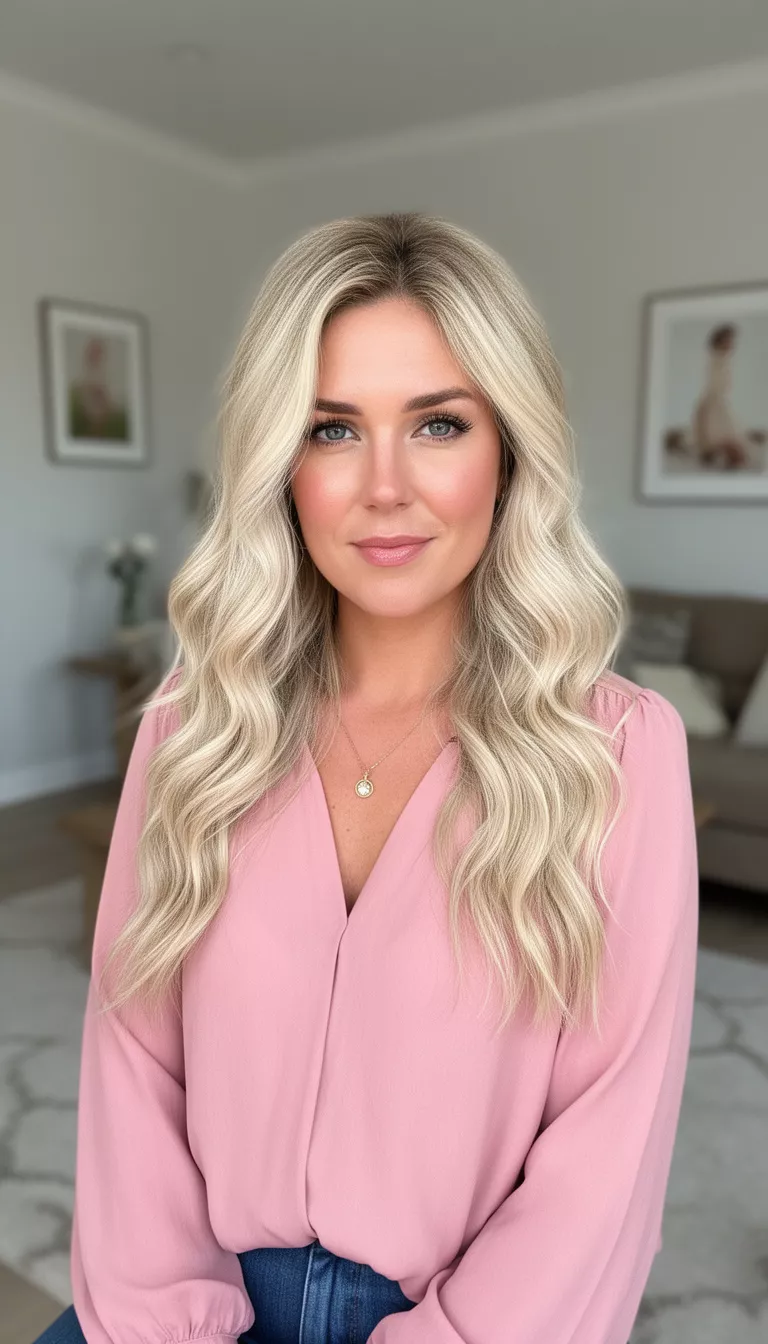 Buttercream Blonde casual photo of a 31-year-old woman wearing a soft pink blouse with a buttercream blonde colored long beach waves, shot with an iPhone 15 Pro Max
