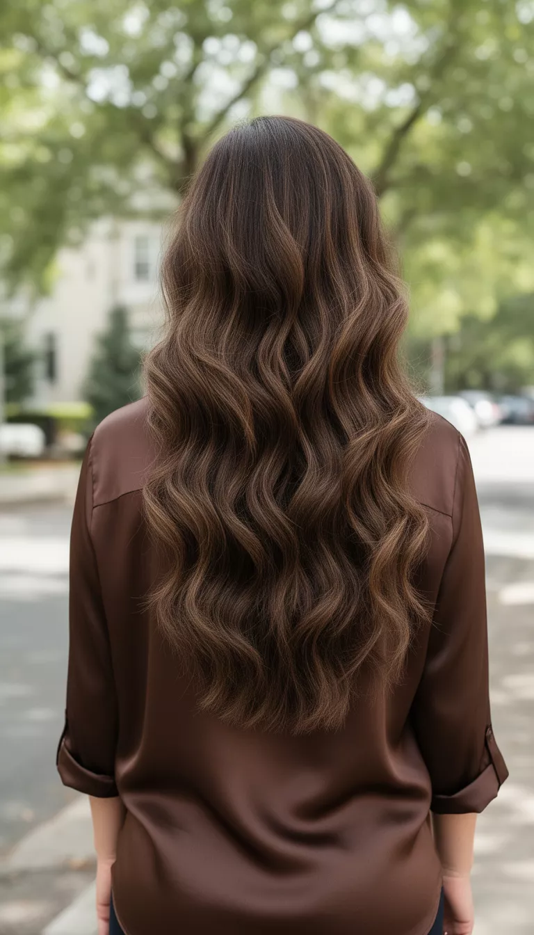 Molten Brunette casual photo of a 42-year-old woman wearing a chocolate brown silk shirt with a molten brunette colored long wavy hair, back view, shot with an iPhone 15 Pro Max