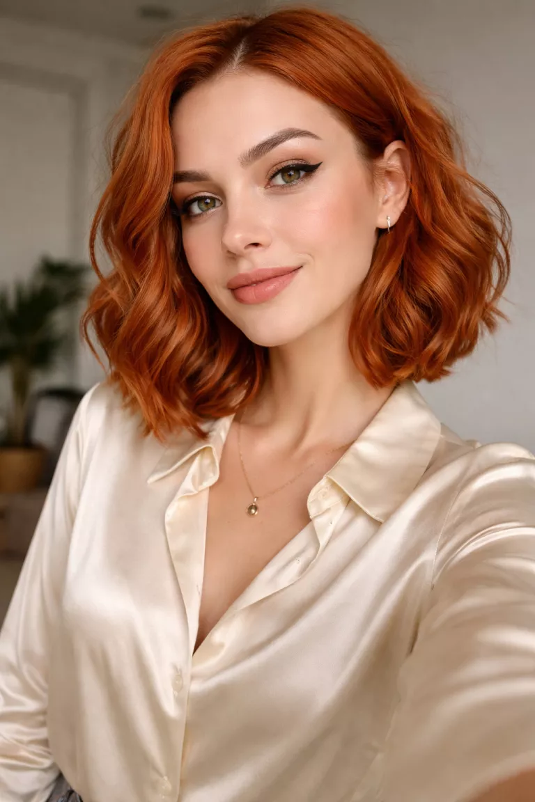 Carnelian Orange selfie of a 28-year-old woman wearing a cream silk blouse with a carnelian orange colored wavy bob