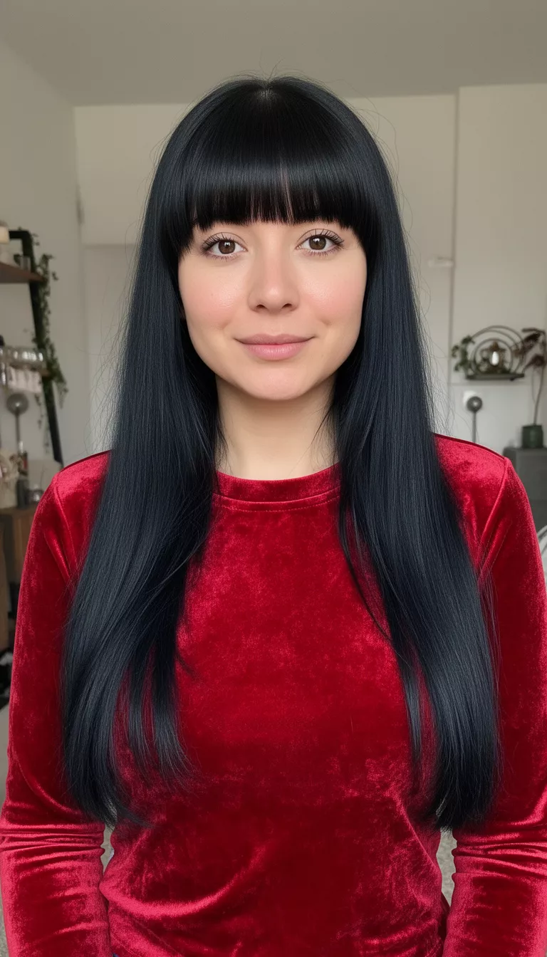 Inky Black casual photo of a 27-year-old woman wearing a red velvet top with an inky black colored long hair with blunt bangs, shot with an iPhone 15 Pro Max