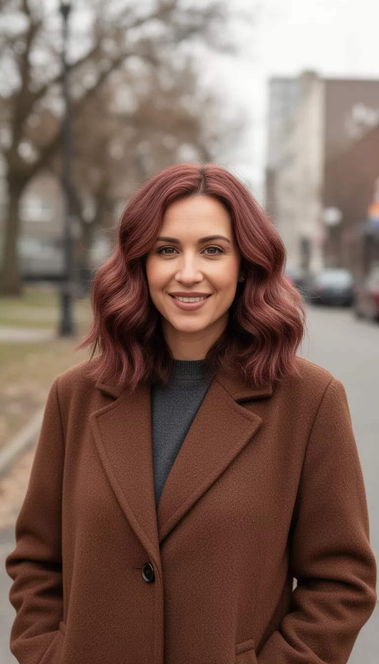 Cherry Mocha casual photo of a 33-year-old woman wearing a brown wool coat with a cherry mocha colored wavy mid length hair, shot with an iPhone 15 Pro Max