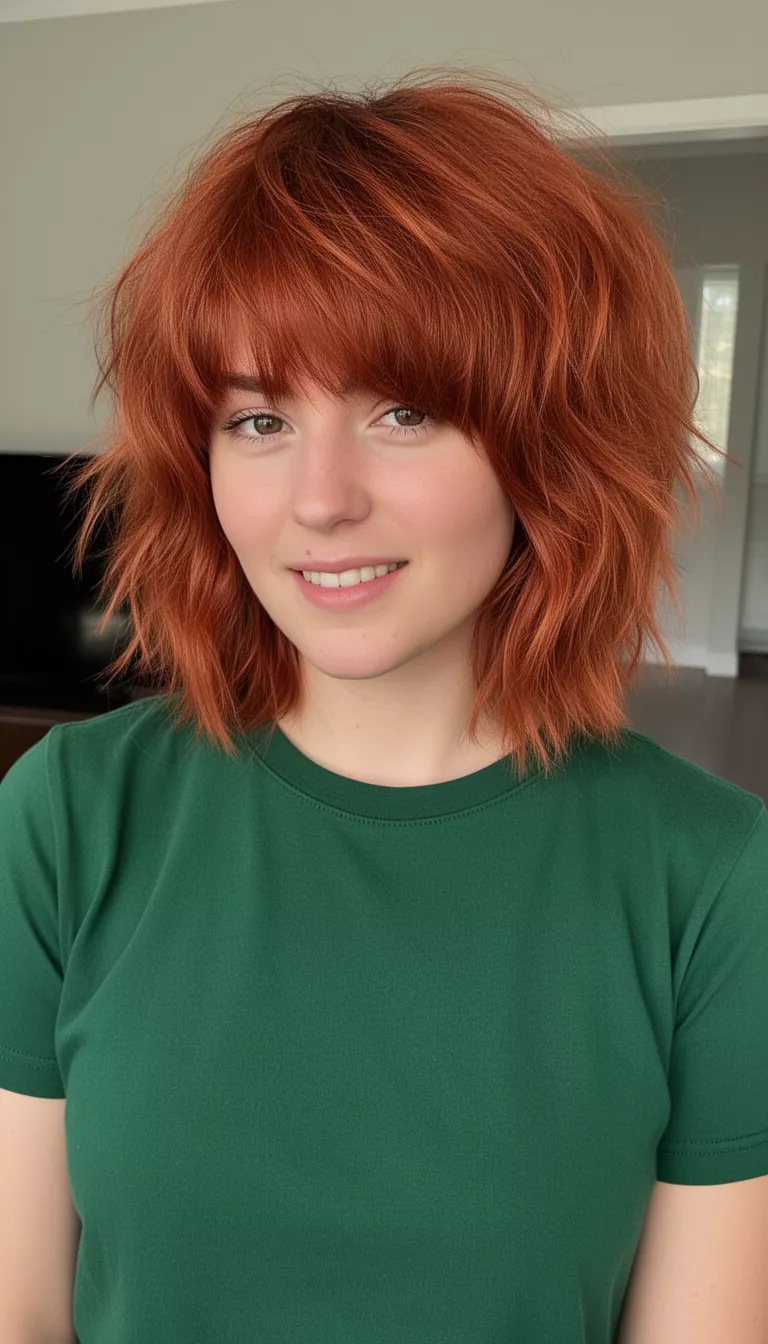 casual photo of a 25-year-old woman wearing a forest green tee with a burnt copper colored shaggy cut with layers, shot with an iPhone 15 Pro Max