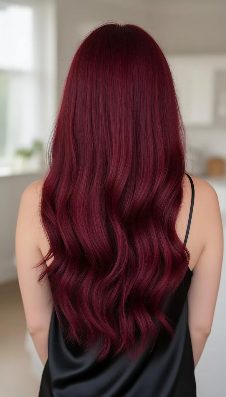 Wine Red casual photo of a 35-year-old woman wearing a black silk slip dress with a wine red colored long hairstyle, back view, close-up on the hair