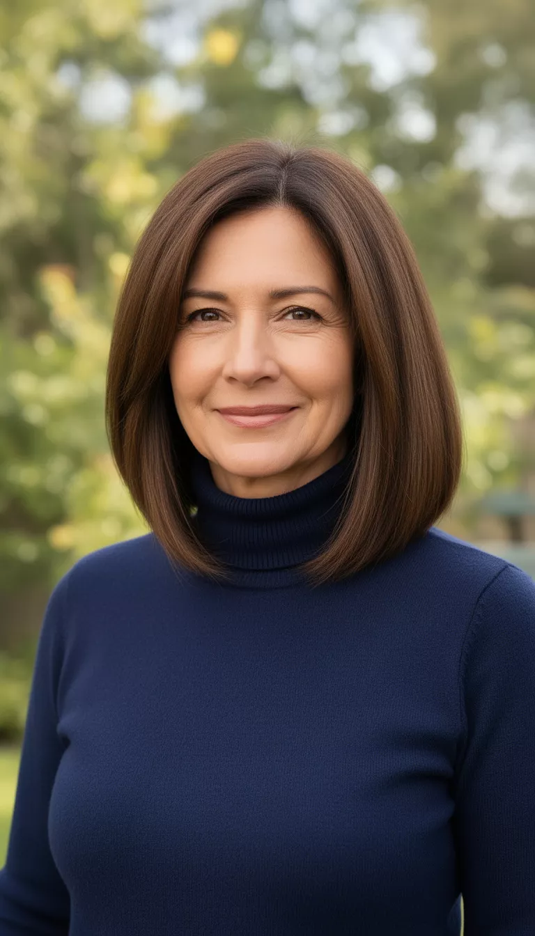 Lush Truffle casual photo of a 40-year-old woman wearing a navy blue turtleneck with a lush truffle colored sleek medium length cut, shot with an iPhone 15 Pro Max