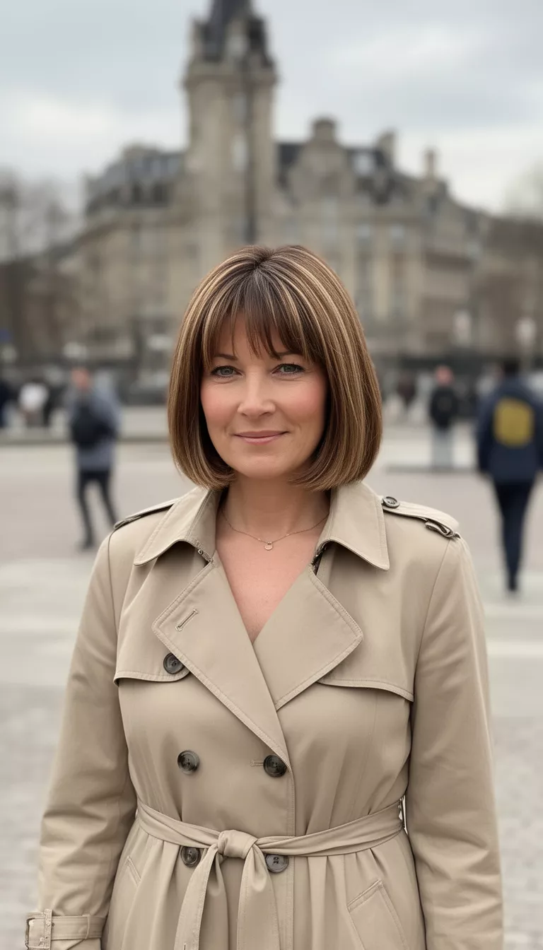 Mocha Brown casual photo of a 38-year-old woman wearing a beige trench coat with a mocha brown colored bob with light brown highlights, shot with an iPhone 15 Pro Max
