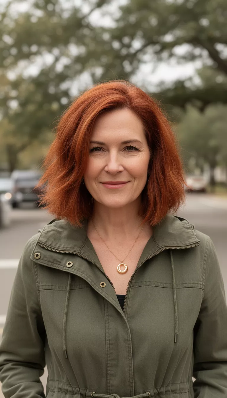 Burnt Sienna casual photo of a 45-year-old woman wearing an olive green jacket with a burnt sienna colored medium length textured cut, shot with an iPhone 15 Pro Max