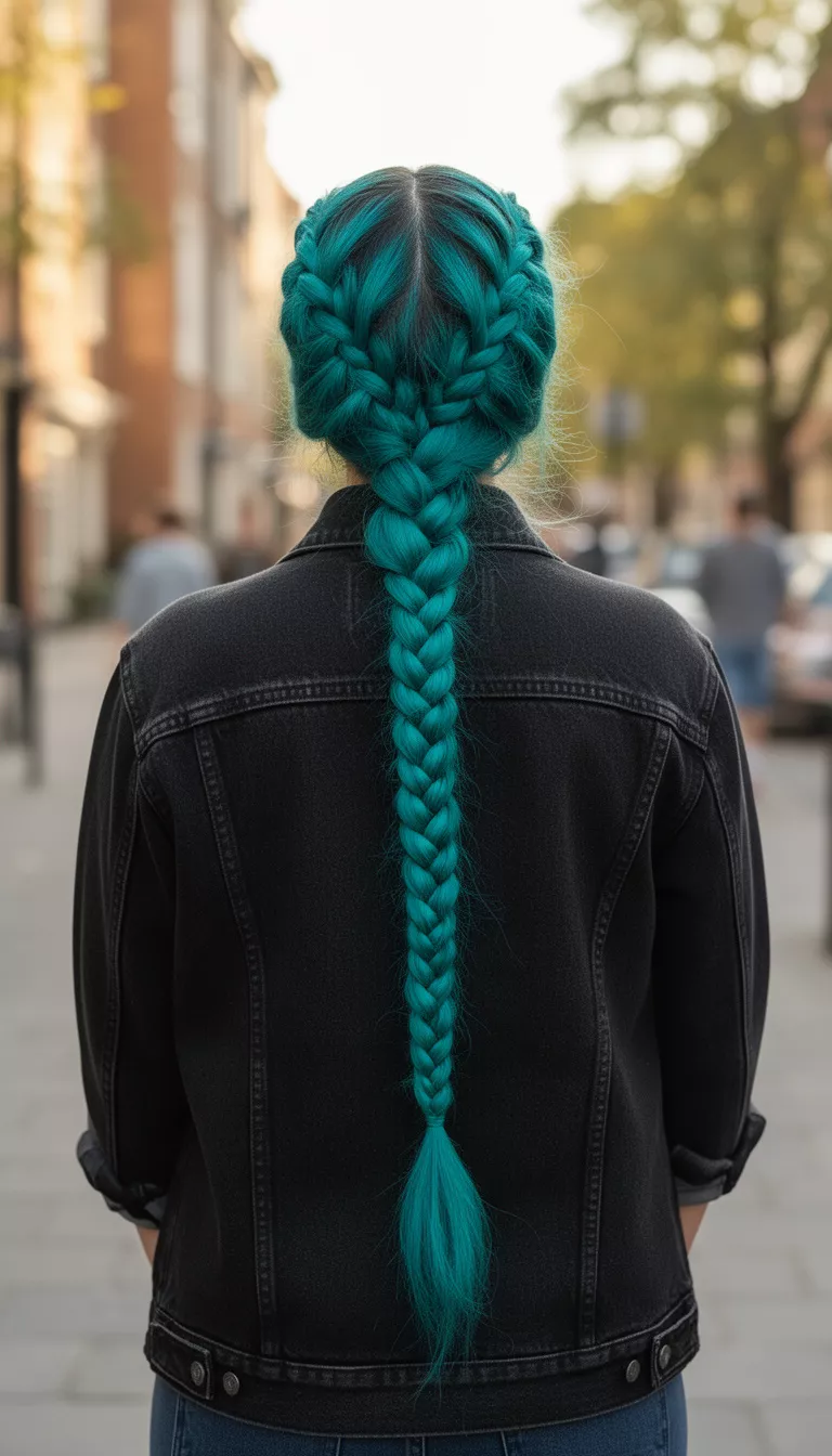 Transformative Teal casual photo of a 29-year-old woman wearing a black denim jacket with a transformative teal colored long braided hair, back view, shot with an iPhone 15 Pro Max