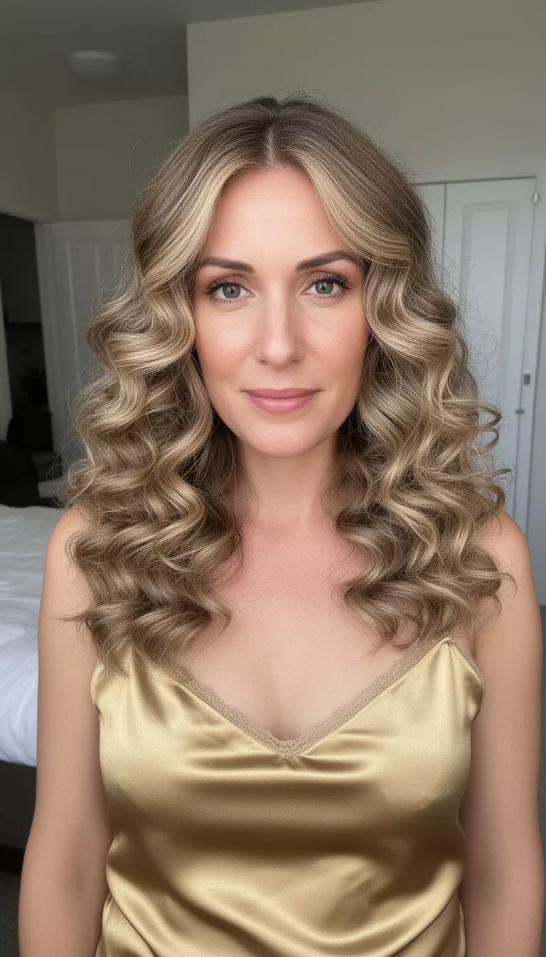 Champagne Brunette casual photo of a 34-year-old woman wearing a gold satin camisole with a champagne brunette colored voluminous curls, shot with an iPhone 15 Pro Max