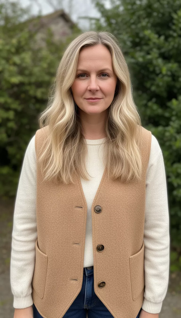 Fawn Blonde casual photo of a 33-year-old woman wearing a tan wool vest with a fawn blonde colored long hair with minimal waves, shot with an iPhone 15 Pro Max