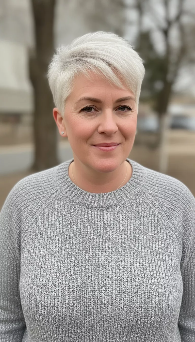 Ethereal Platinum Blonde casual photo of a 39-year-old woman wearing a silver gray knit top with an ethereal platinum blonde colored short pixie cut, shot with an iPhone 15 Pro Max