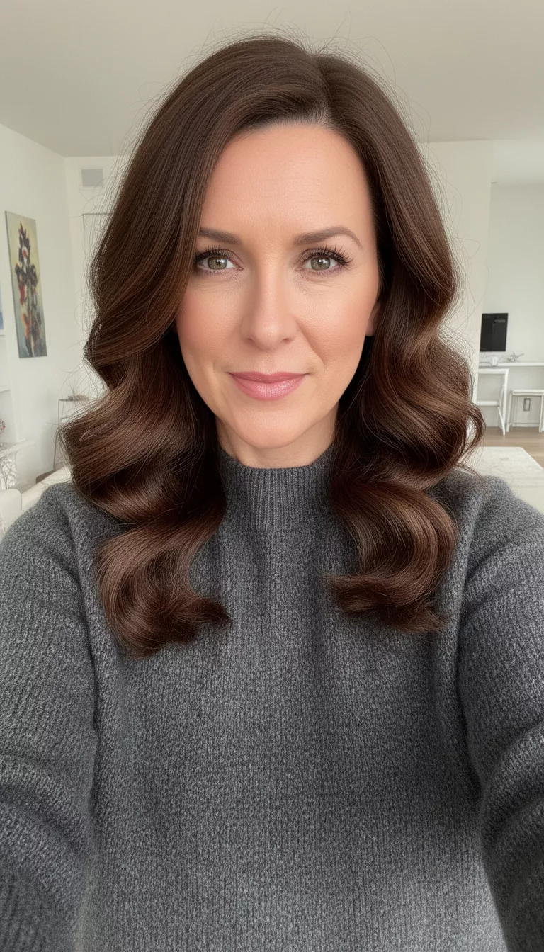 Cashmere Brunette selfie of a 37-year-old woman wearing a charcoal gray cashmere sweater with a cashmere brunette colored soft waves hairstyle