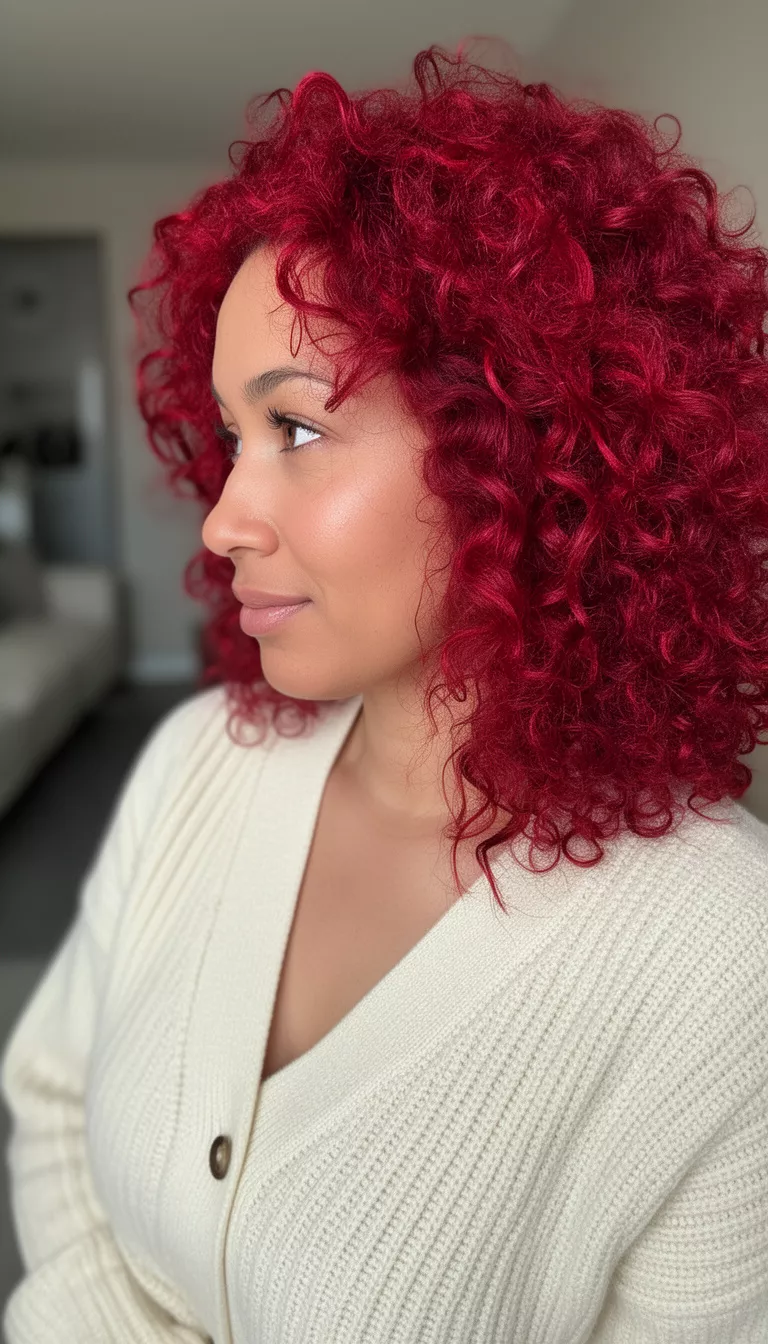 Red Velvet casual photo of a 36-year-old woman wearing a cream cardigan with a red velvet colored curly hair, side view, shot with an iPhone 15 Pro Max