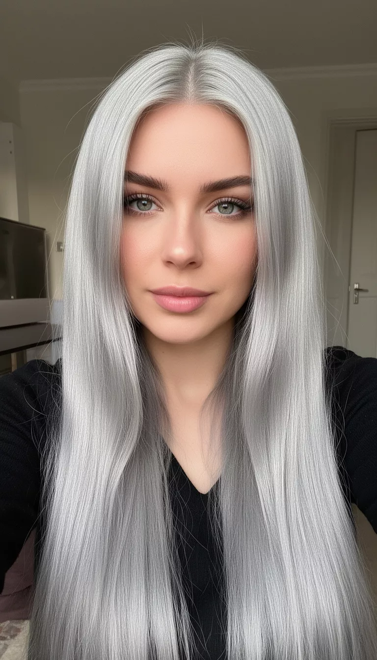 Metallic Platinum selfie of a 27-year-old woman with a metallic platinum colored long hairstyle, shot with an iPhone 15 Pro Max