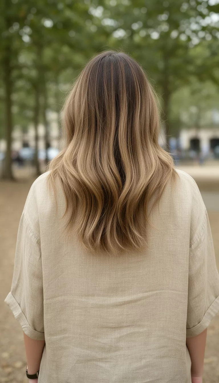 Khaki Bronde casual photo of a 32-year-old woman wearing a simple beige linen top with a khaki bronde colored long layered hairstyle, back view, shot with an iPhone 15 Pro Max