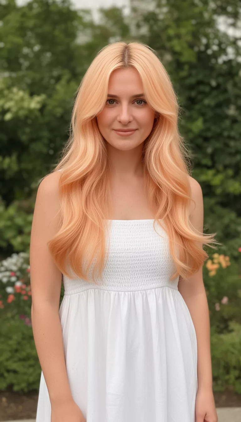 Soft Apricot Blonde casual photo of a 26-year-old woman wearing a white sundress with a soft apricot blonde colored long hair with soft layers, shot with an iPhone 15 Pro Max