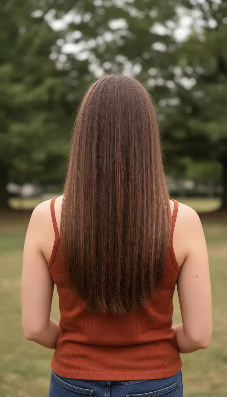 Earthy Brunette casual photo of a 31-year-old woman wearing a rust colored tank top with an earthy brunette colored long straight hair, back view, shot with an iPhone 15 Pro Max