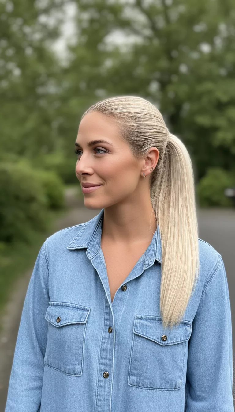 Ice Beige Blonde casual photo of a 30-year-old woman wearing a light blue denim shirt with an ice beige blonde colored sleek ponytail, shot with an iPhone 15 Pro Max