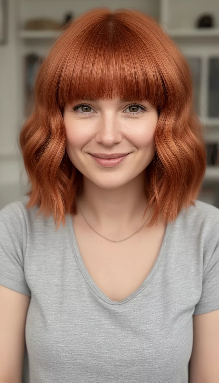 Spiced Copper close-up casual photo of a 28-year-old woman wearing a casual top with a spiced copper colored lob hairstyle with fringe, shot with an iPhone 15 Pro Max