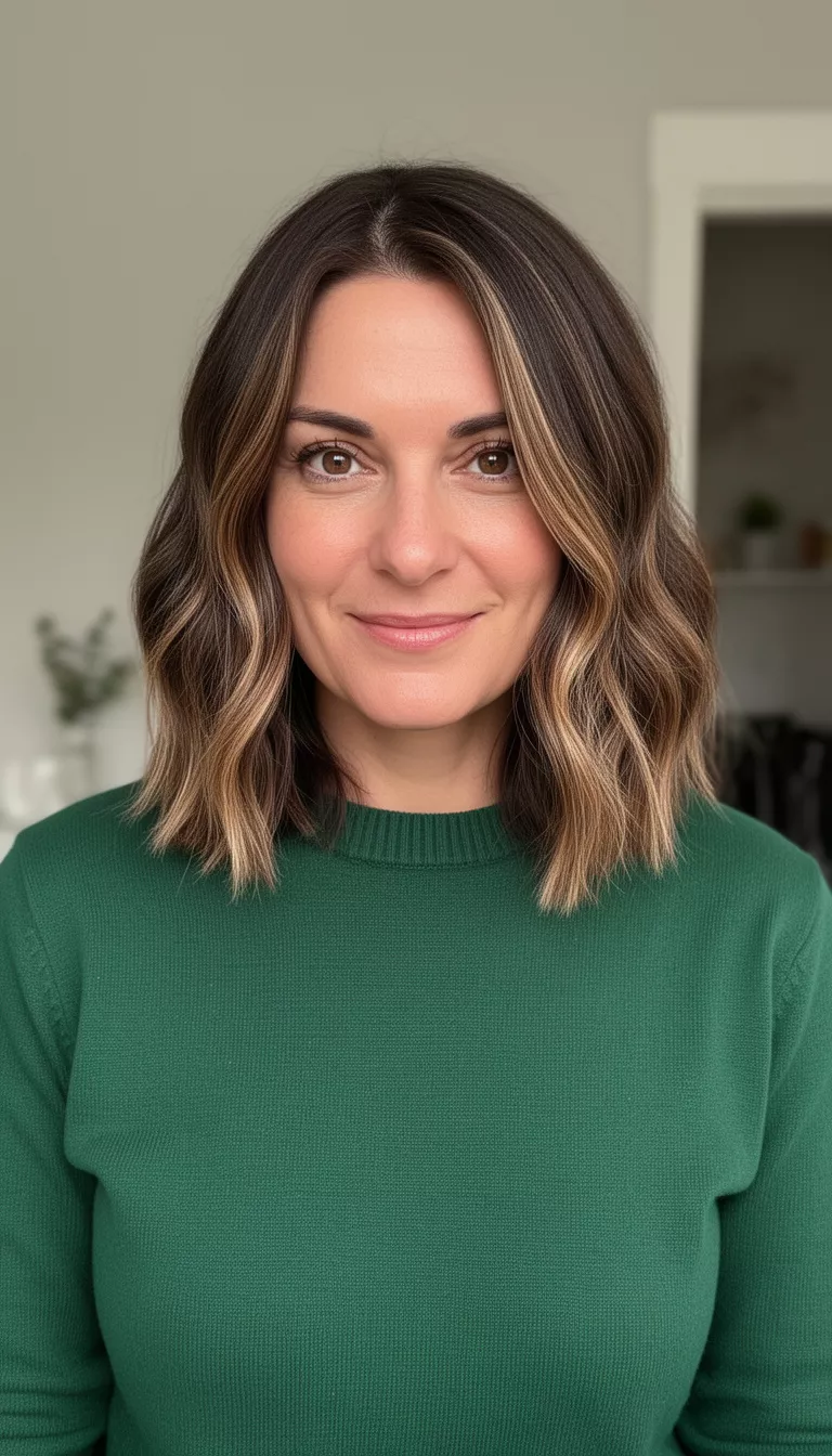 Multidimensional Brunette casual photo of a 35-year-old woman wearing a forest green cotton sweater with a multidimensional brunette colored shoulder length hair with babylights, shot with an iPhone 15 Pro Max