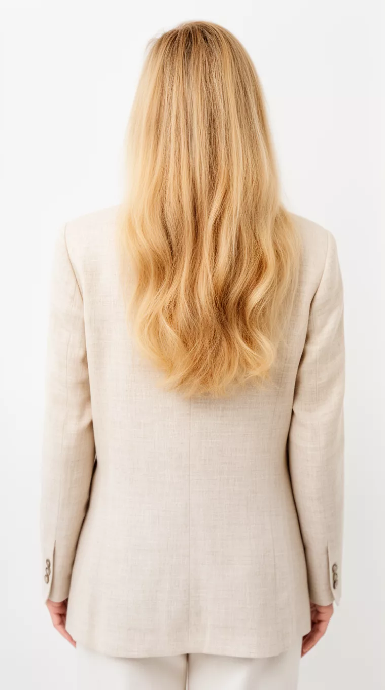 photo of a 40-year-old woman wearing a beige linen blazer with an Ecru Blonde colored long hairstyle, minimal background, back view