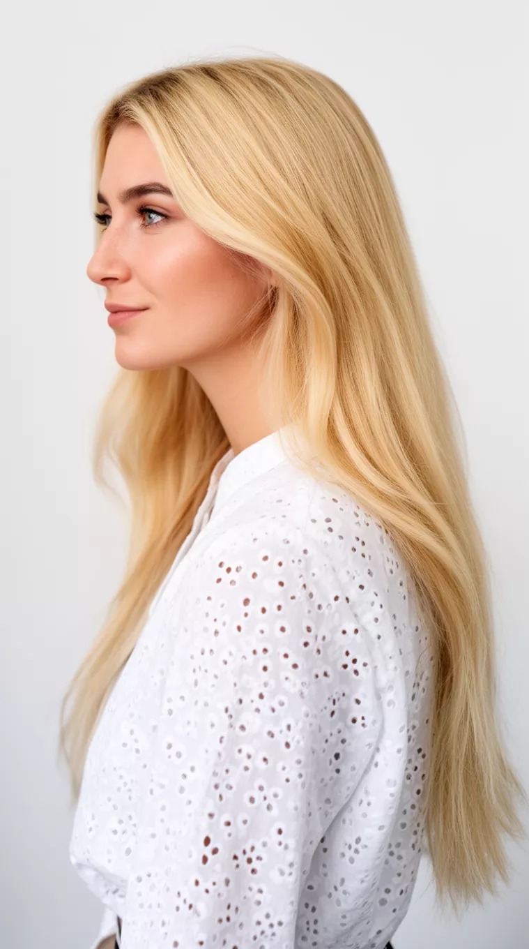 photo of a 34-year-old woman wearing a white eyelet blouse with a Luminous Straw Blonde colored long hairstyle, minimal background, side view
