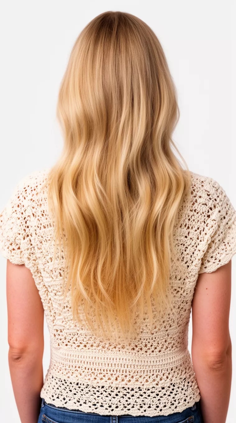 photo of a 34-year-old woman wearing a cream crochet top with a Wheaty Blonde colored long hairstyle, minimal background, back view