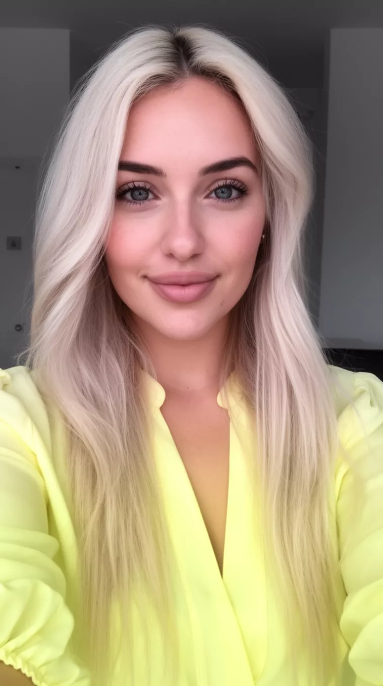 selfie of a 29-year-old woman wearing a pastel yellow blouse with a Buttercream Blonde colored long hairstyle, minimal background