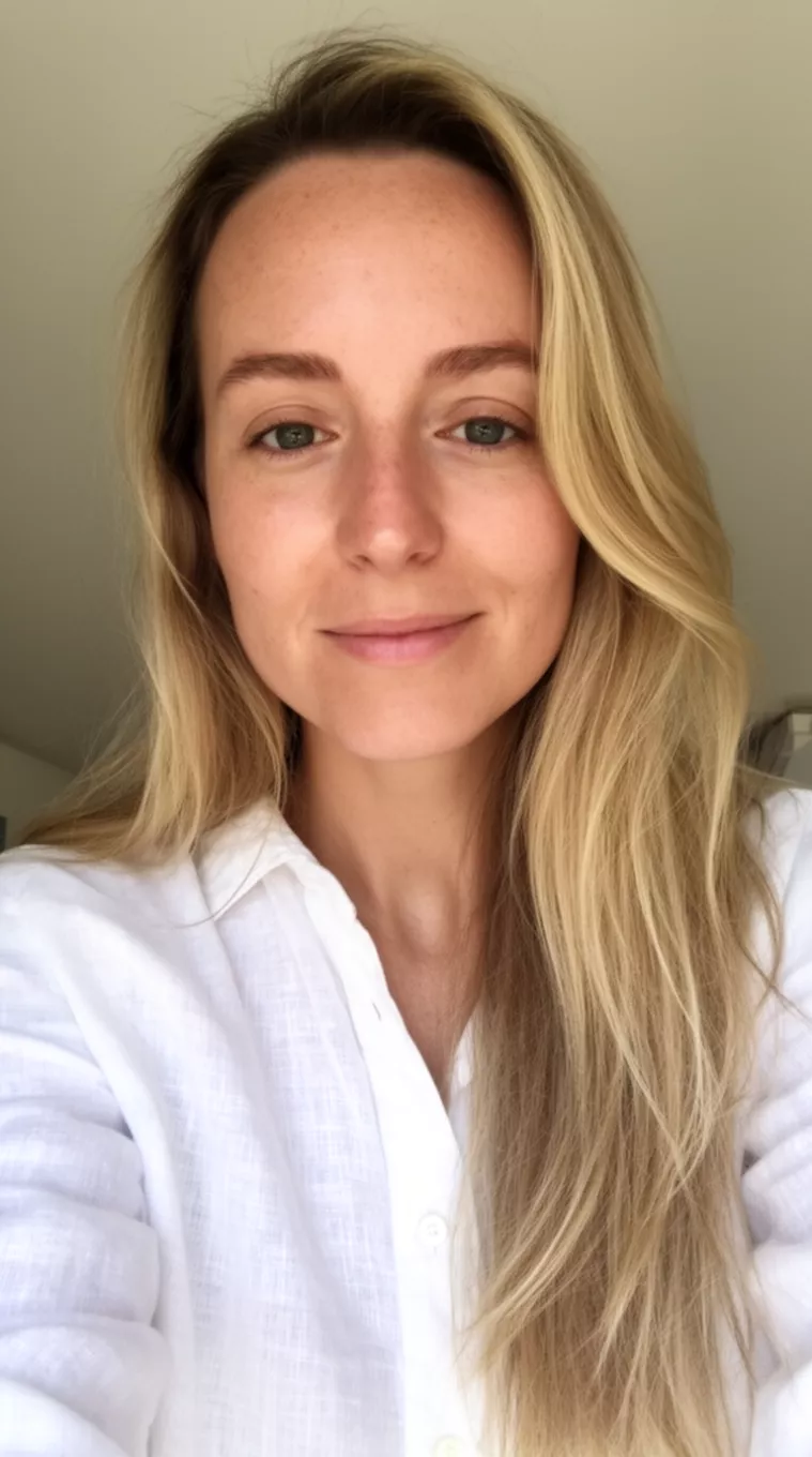 selfie of a 30-year-old woman wearing a white linen shirt with an Organic Sunlit Blonde colored long hairstyle, minimal background