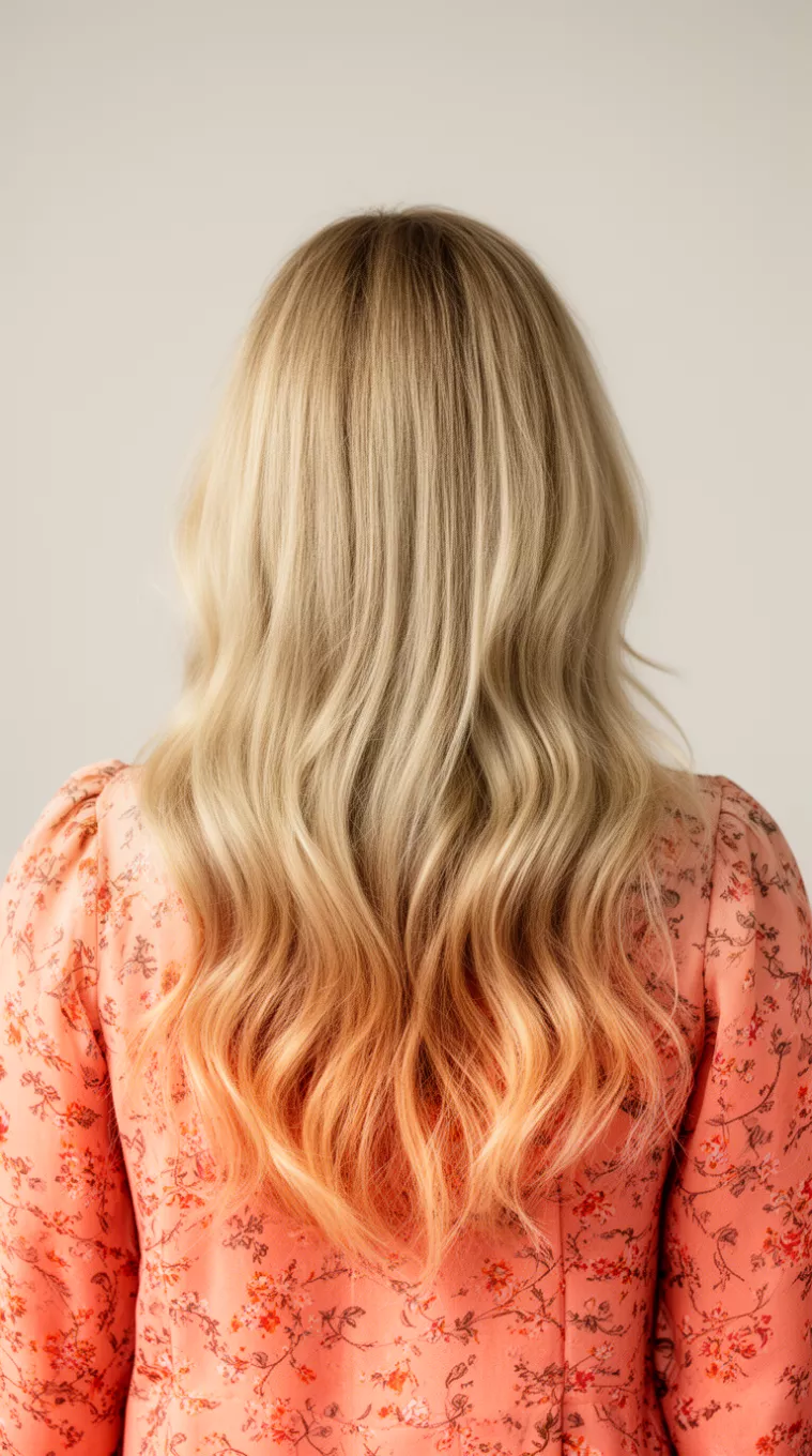 photo of a 26-year-old woman wearing a peach floral top with a Warm Buttery Blonde colored long hairstyle, minimal background, back view