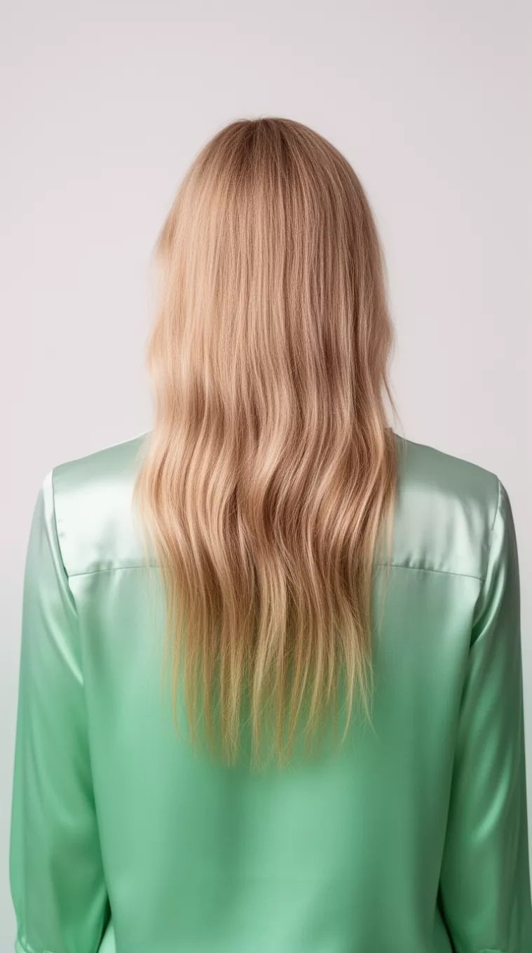 photo of a 26-year-old woman wearing a mint green satin blouse with a Glass Blonde colored long hairstyle, minimal background, back view