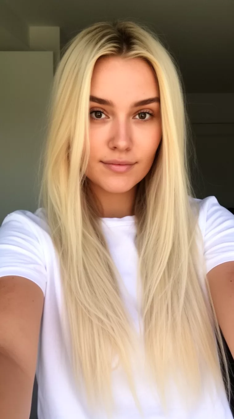 selfie of a 29-year-old woman wearing a bright white tee shirt with a Brilliant Blonde colored long hairstyle, minimal background