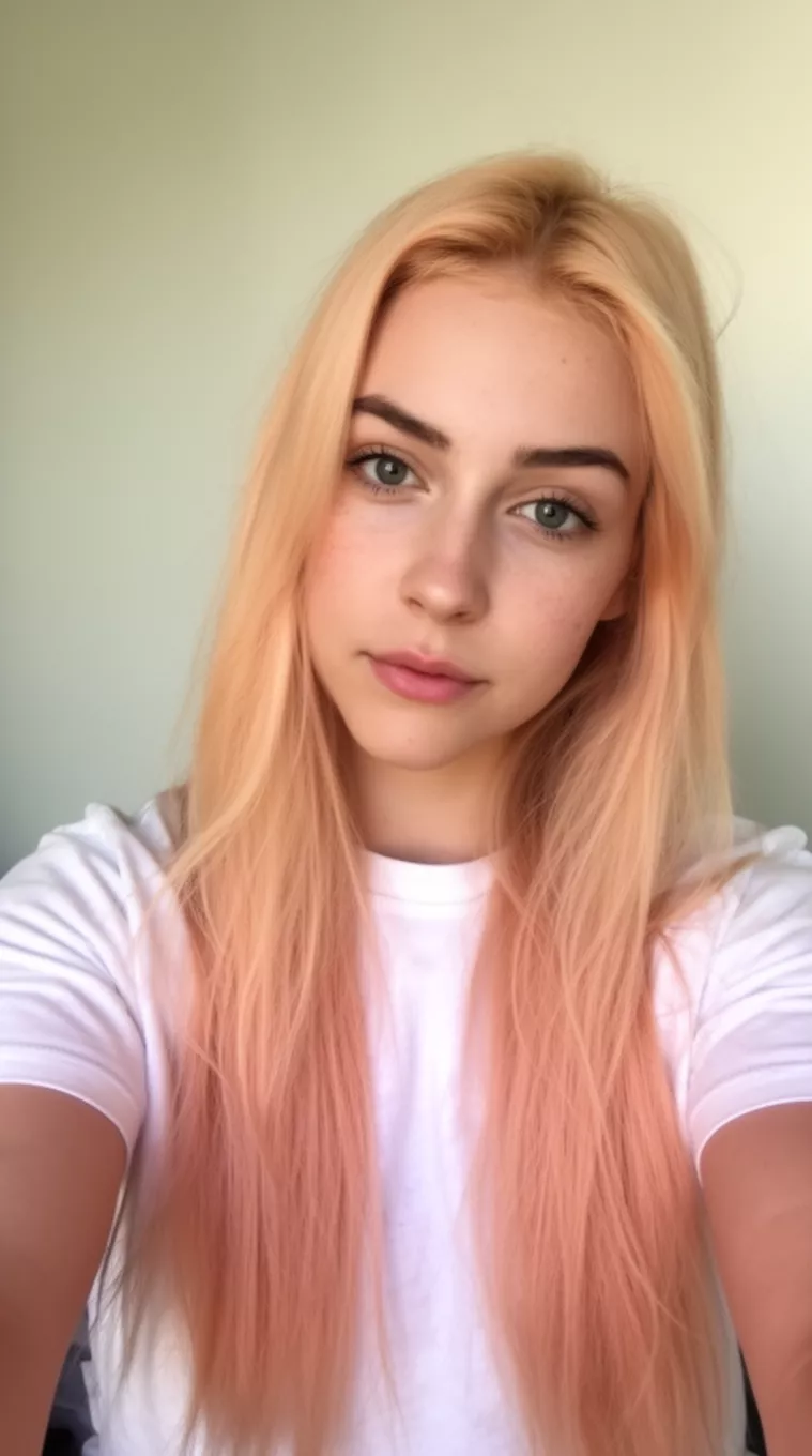 selfie of a 27-year-old woman wearing a white t-shirt with a Spring Peach Blonde colored long hairstyle, minimal background