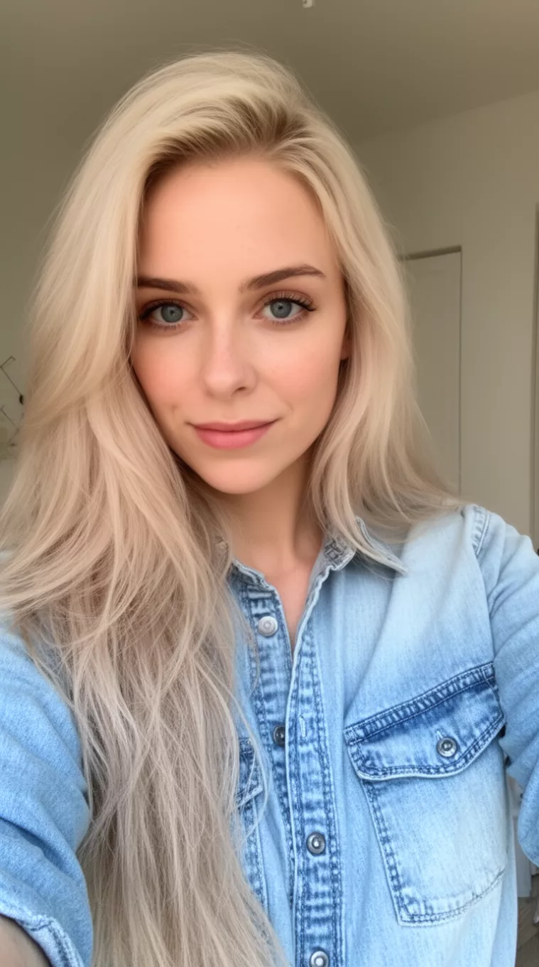 selfie of a 29-year-old woman wearing a light blue denim shirt with an Airy Ash Blonde colored long hairstyle, minimal background