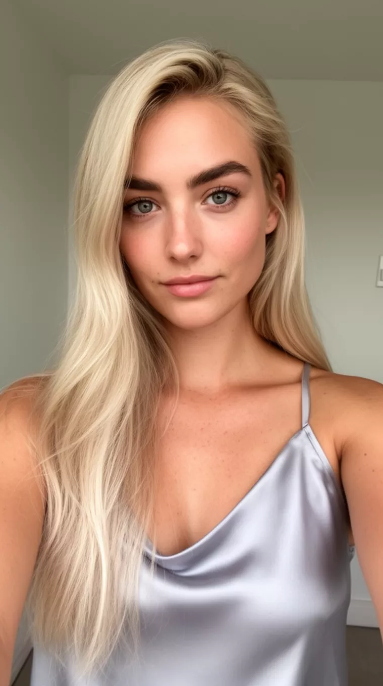 selfie of a 25-year-old woman wearing a light grey silk camisole with an Ice Beige Blonde colored long hairstyle, minimal background