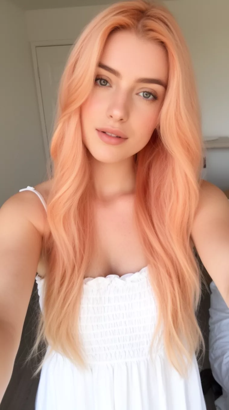 selfie of a 28-year-old woman wearing a white sundress with a Soft Apricot Blonde colored long hairstyle, minimal background