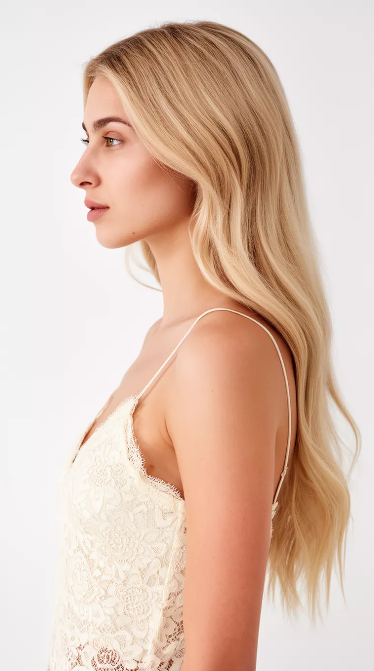 photo of a 27-year-old woman wearing a cream lace camisole with a Sandy Beige Blonde colored long hairstyle, minimal background, side view