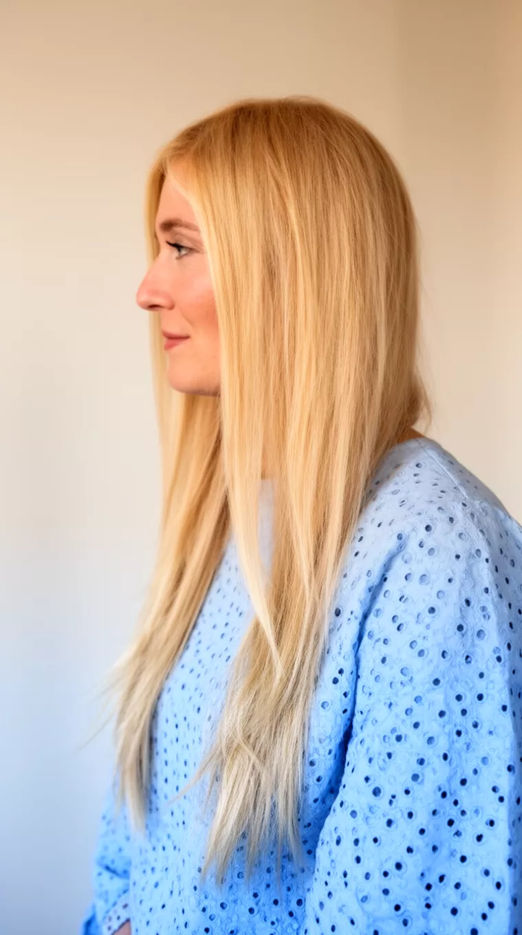 photo of a 38-year-old woman wearing a light blue eyelet top with a Butter Gold Blonde colored long hairstyle, minimal background, side view