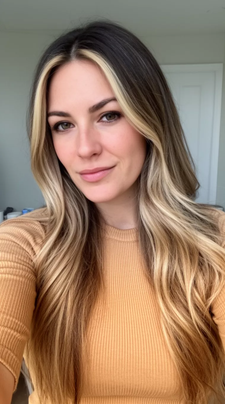 selfie of a 33-year-old woman wearing a tan ribbed top with Light Caramel Highlights in a long hairstyle, minimal background