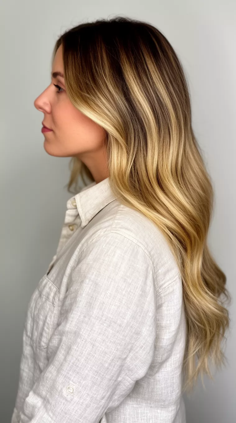 photo of a 31-year-old woman wearing a light linen button-down shirt with a Honey Blonde Balayage colored long hairstyle, minimal background, side view