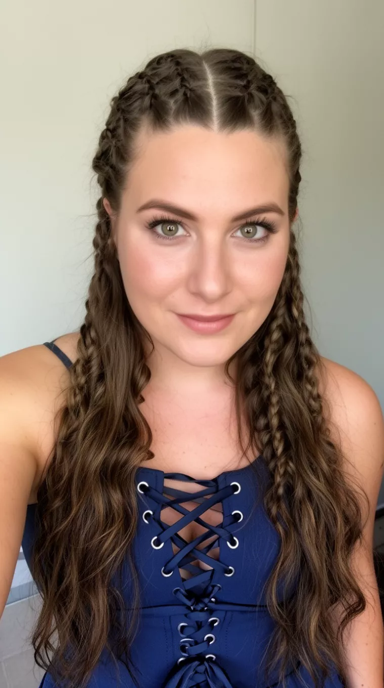 selfie of a 27-year-old woman wearing a lace-up dress with a Waterfall Braid Illusion hairstyle, minimal background