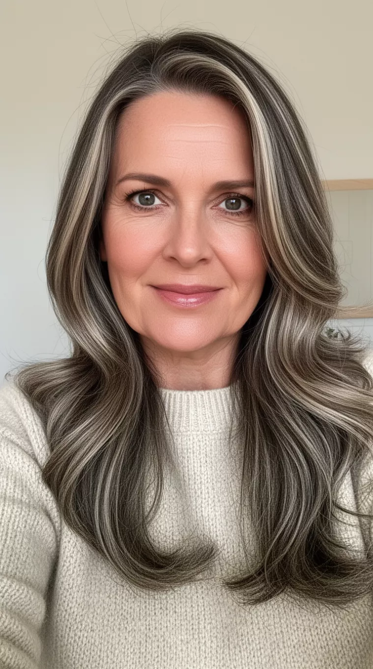 selfie of a 42-year-old woman wearing a cashmere sweater with a Long Shiny Layers hairstyle, minimal background