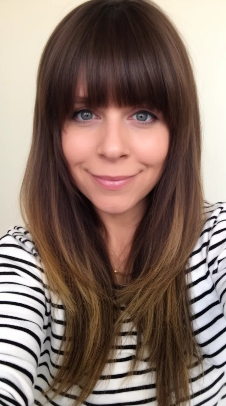 selfie of a 33-year-old woman wearing a striped top with a Curtain Bangs with Long Layers hairstyle, minimal background