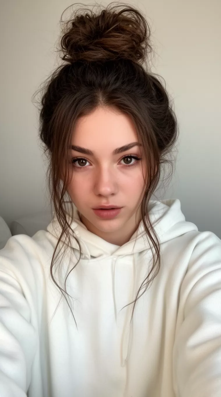 selfie of a 21-year-old woman wearing an oversized hoodie with a Messy High Bun Long Tendrils hairstyle, minimal background