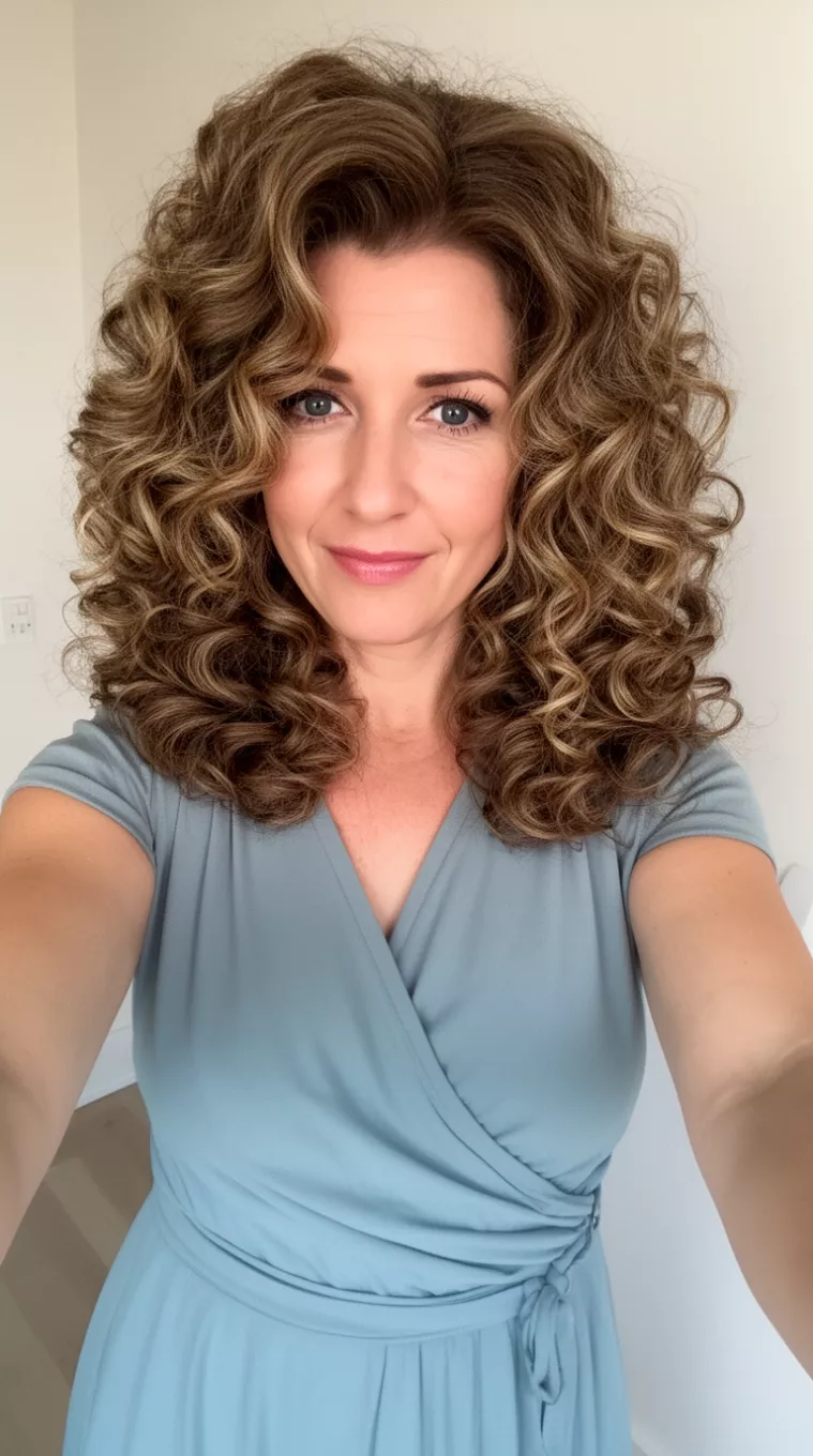 selfie of a 36-year-old woman wearing a wrap dress with a Bouncy Voluminous Blowout hairstyle, minimal background