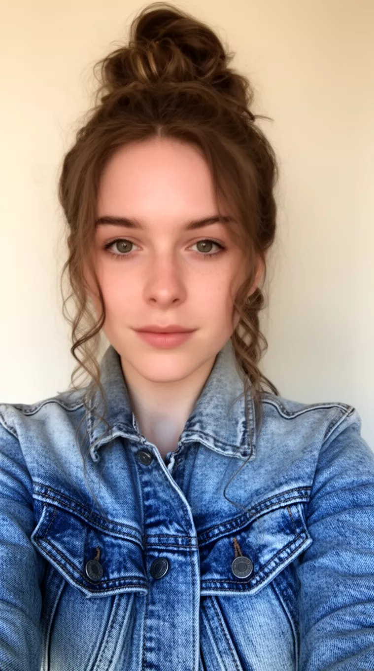 selfie of a 25-year-old woman wearing a denim jacket with an Invisible Layers hairstyle, minimal background