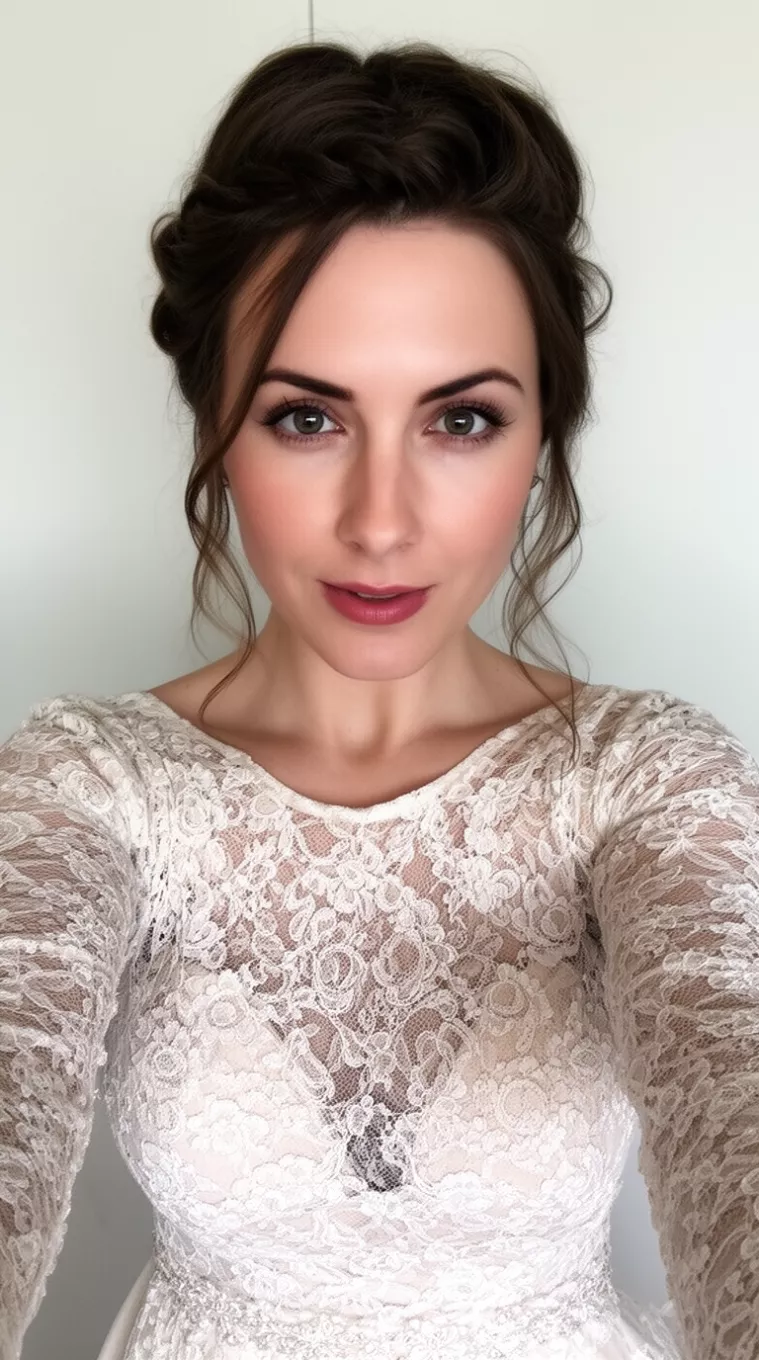 selfie of a 30-year-old woman wearing a lace dress with a Romantic Half-Up Twist hairstyle, minimal background